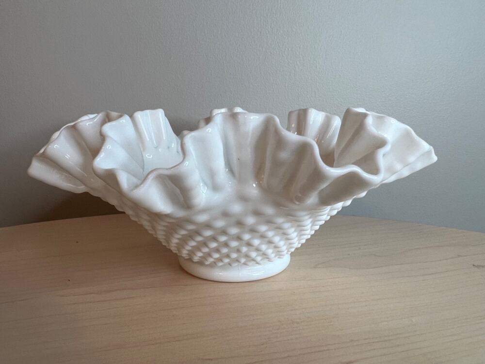 Vintage Fenton White Milk Glass Hobnail Ruffled Bowl - 10" X 4.5"